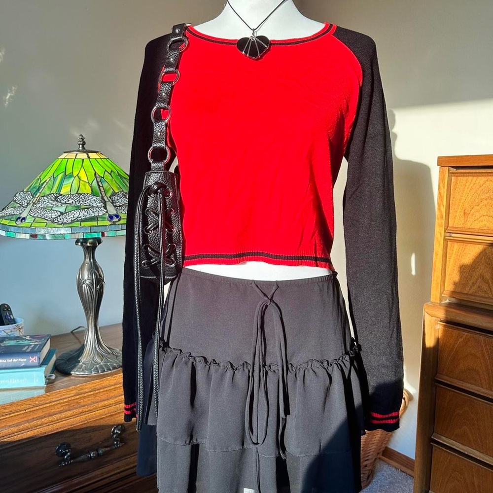 Red and Black Long Sleeve Crop Top